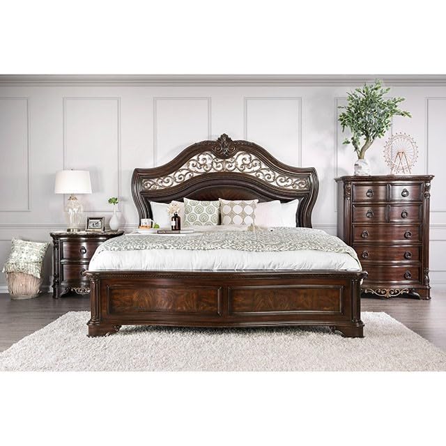 California King Size Brown Cherry Bed Frame with Camel Back Headboard L78400