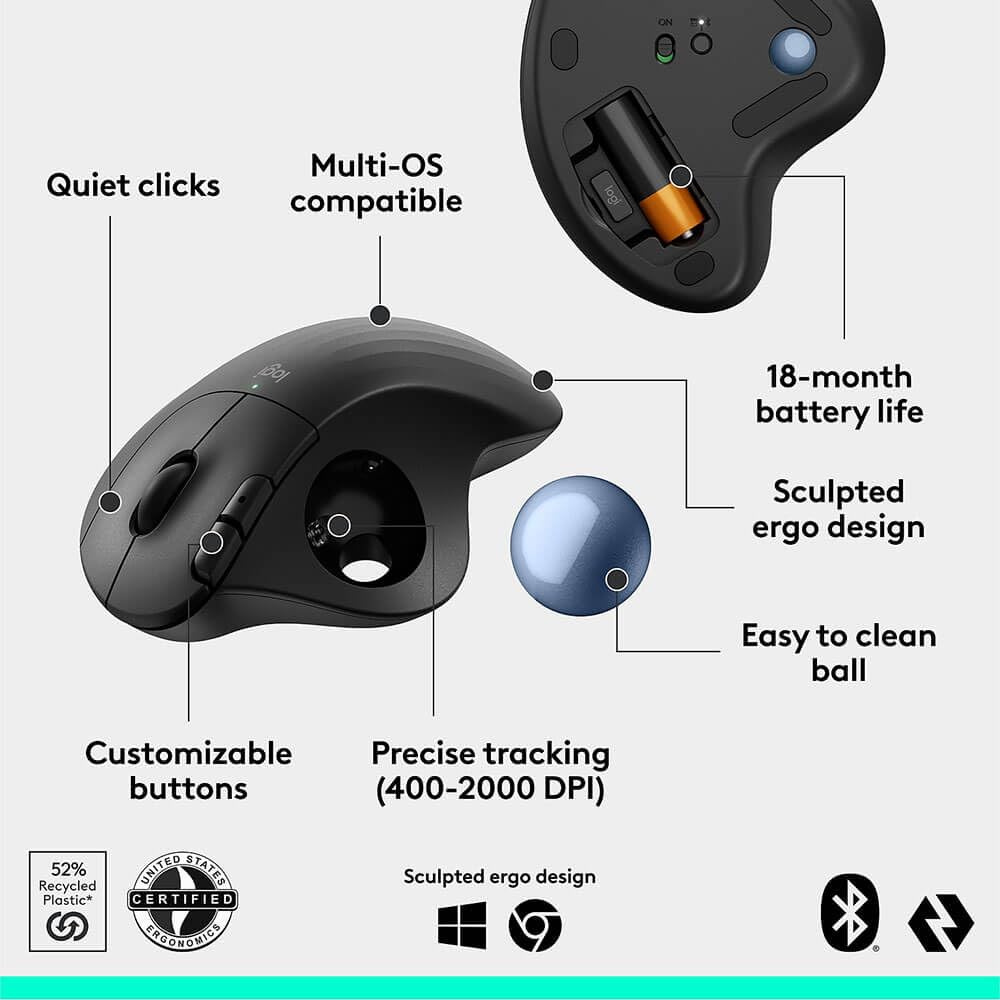 Wireless Ergonomic Trackball Mouse Black E865485