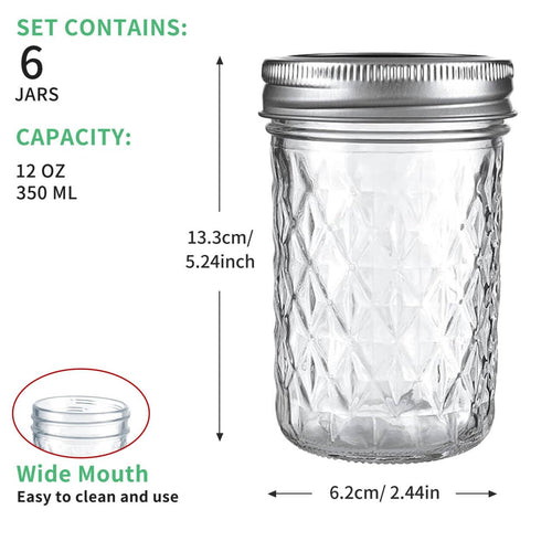 12oz Glass Mason Jars 6 Pack Airtight Lids A90160