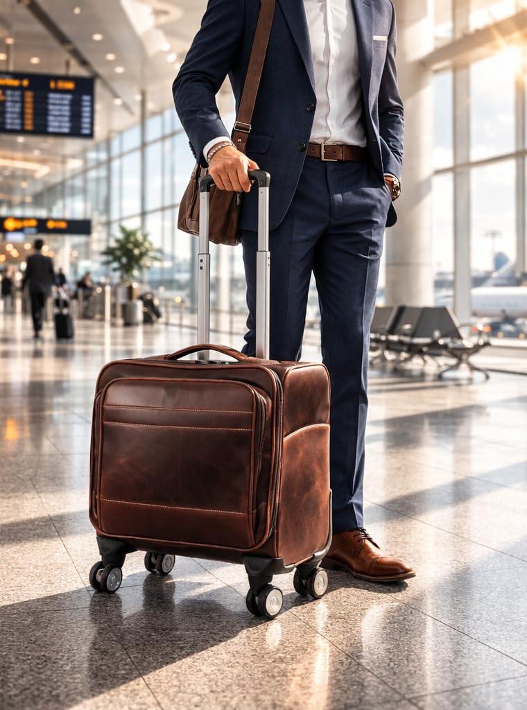 Leather Rolling Briefcase with Trolley Handle C8284