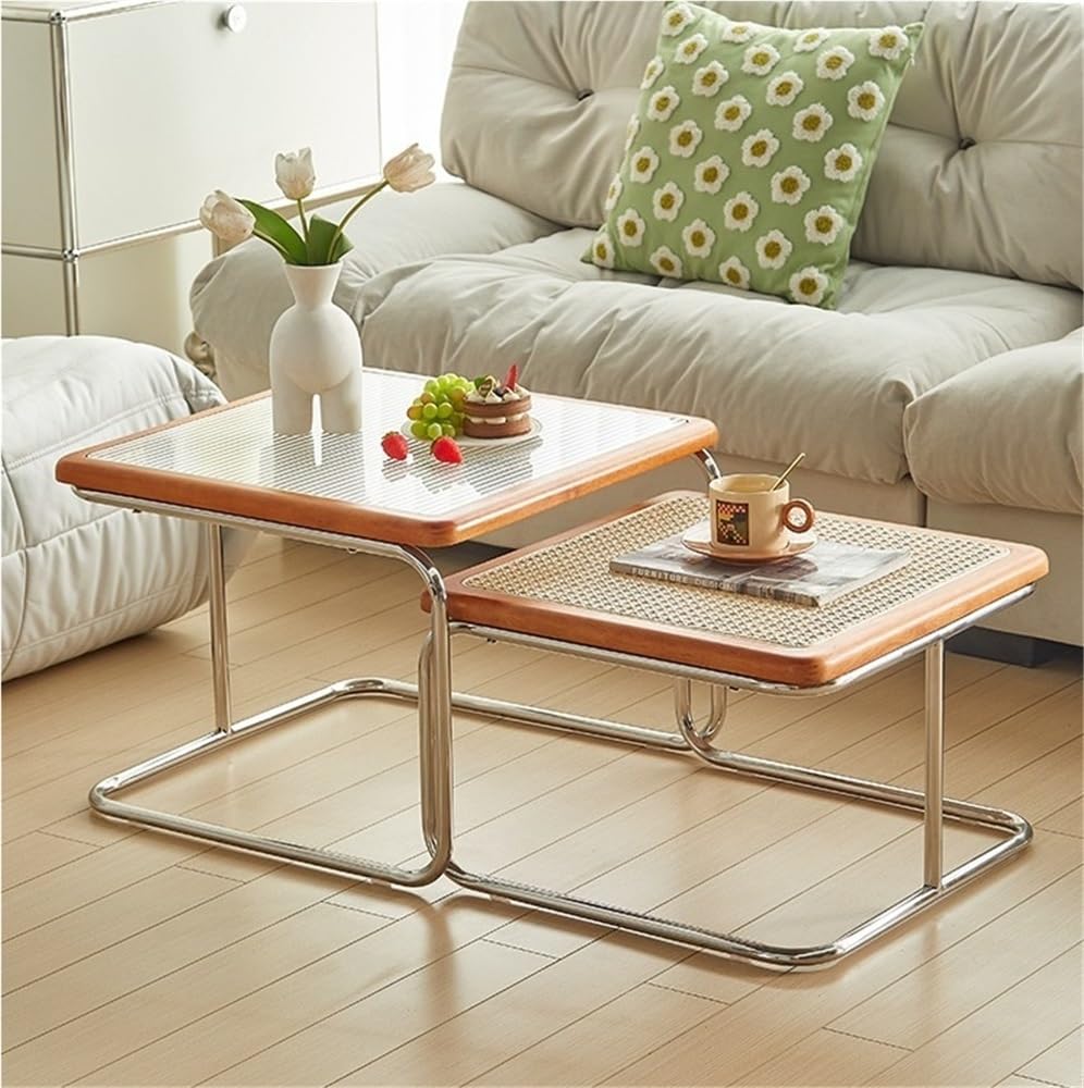 Square Nesting Coffee Table Set of 2 Wooden Rattan Glass Brown D250644