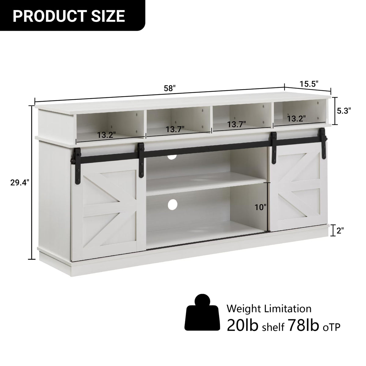 White Wood TV Stand with Adjustable Shelves N376