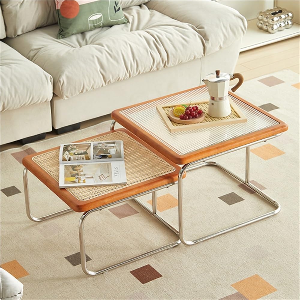 Square Nesting Coffee Table Set of 2 Wooden Rattan Glass Brown D250644
