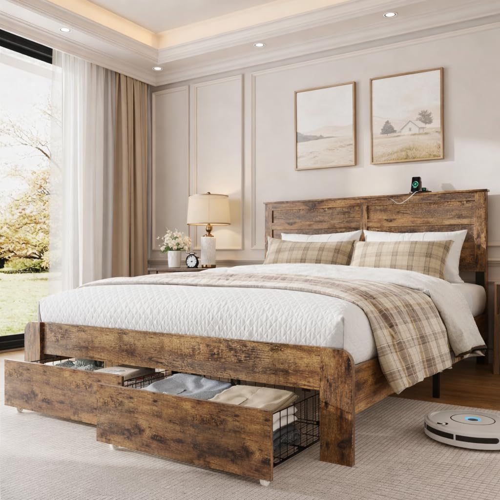 Queen Size Wooden Bed Frame with Storage Drawers G2860
