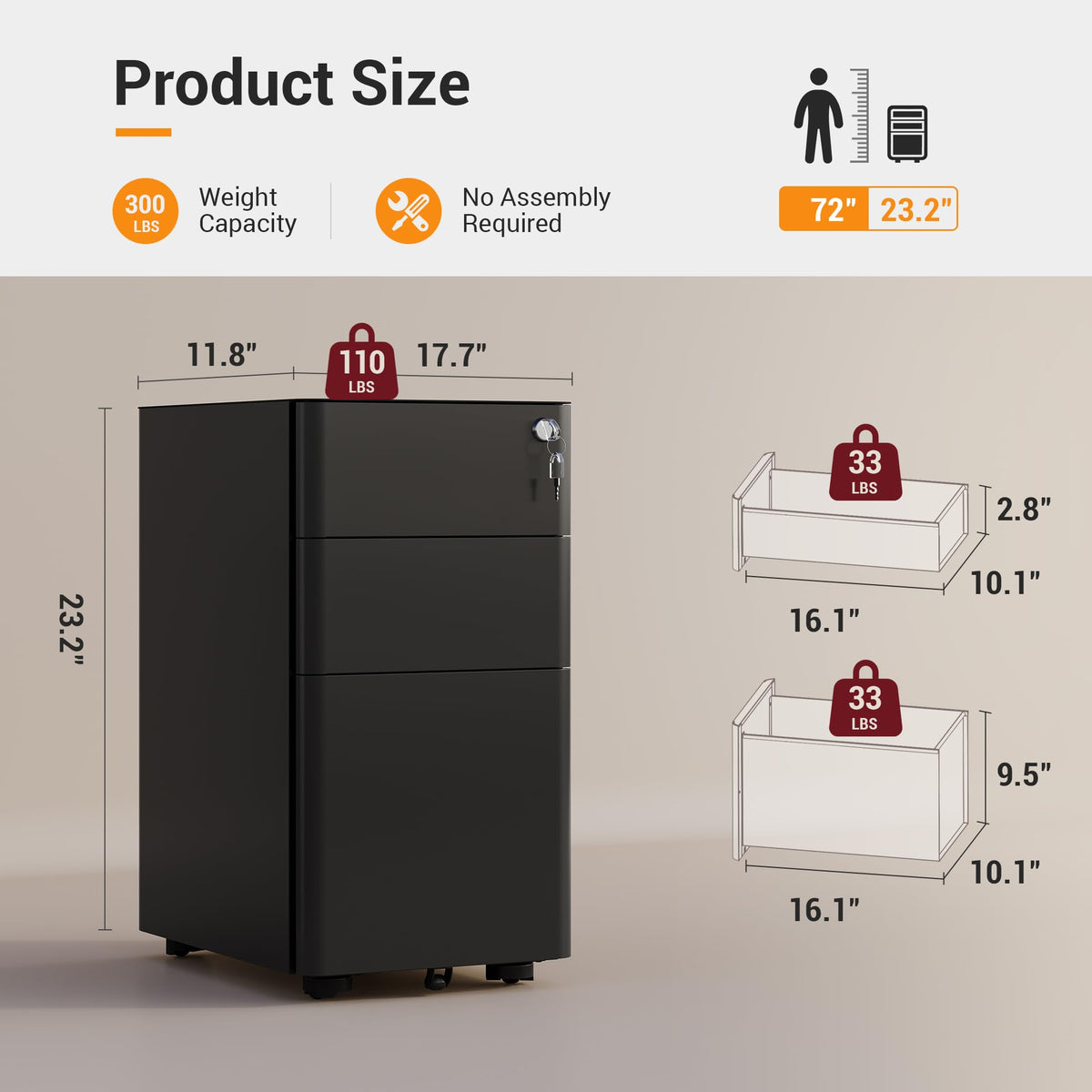 3 Drawer Mobile File Cabinet J570