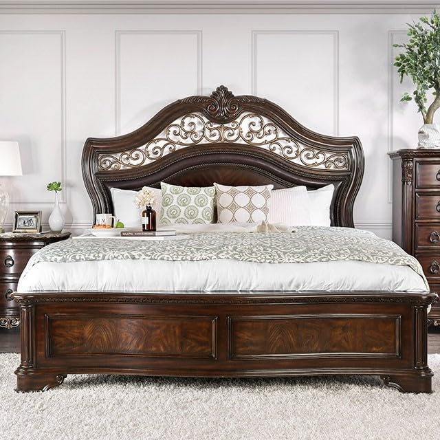 California King Size Brown Cherry Bed Frame with Camel Back Headboard L78400