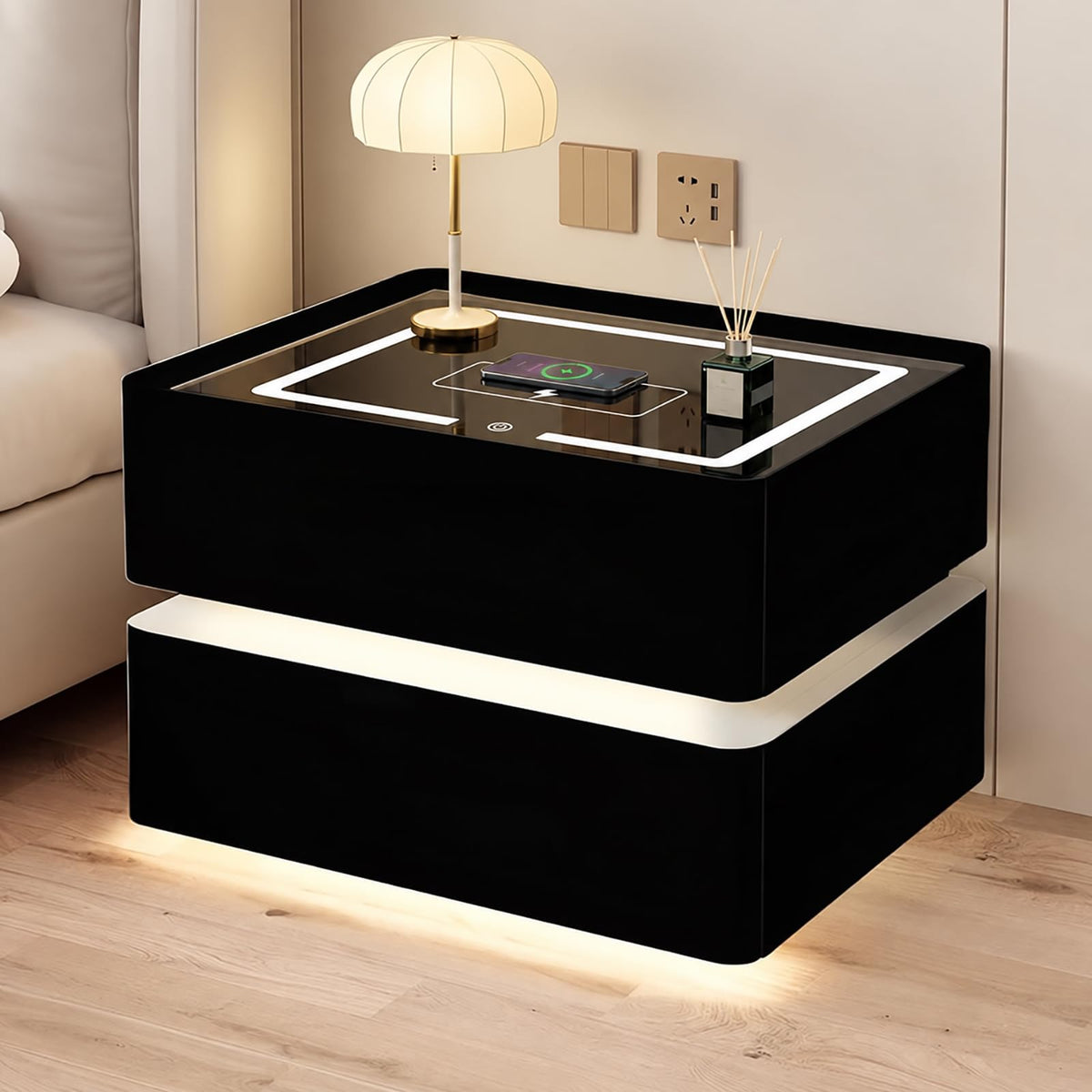 Black Solid Wood Nightstand with Wireless Charging and Drawers D399