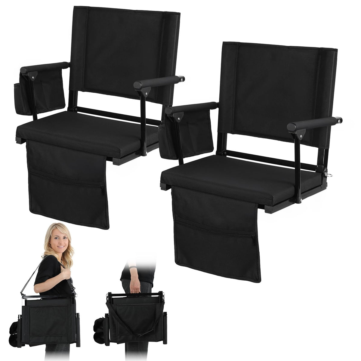 2 Pcs Black Stadium Seats with Back Support and Cushion G1506