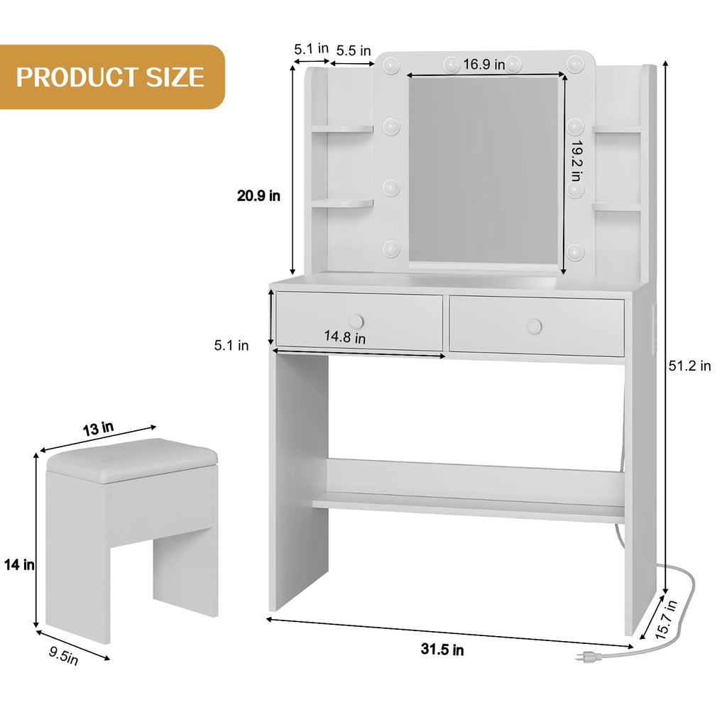 White Vanity Desk with Mirror and Chair Set P342842
