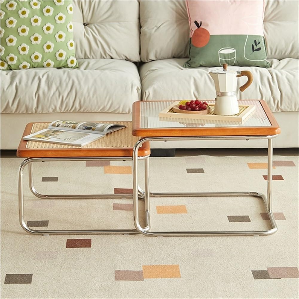 Square Nesting Coffee Table Set of 2 Wooden Rattan Glass Brown D250644