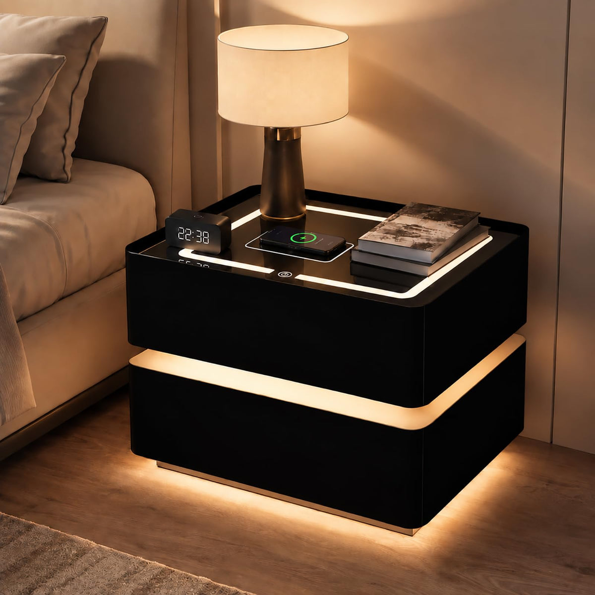 Black Solid Wood Nightstand with Wireless Charging and Drawers D399