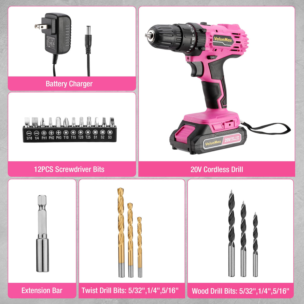 Pink 20V Cordless Drill Set with Battery and Charger W7001