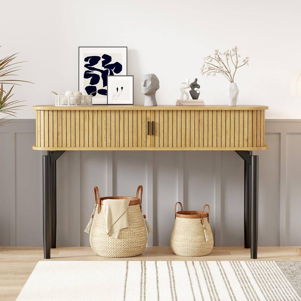 47" Fluted Narrow Console Table with 2 Drawers & Sliding Door G77454