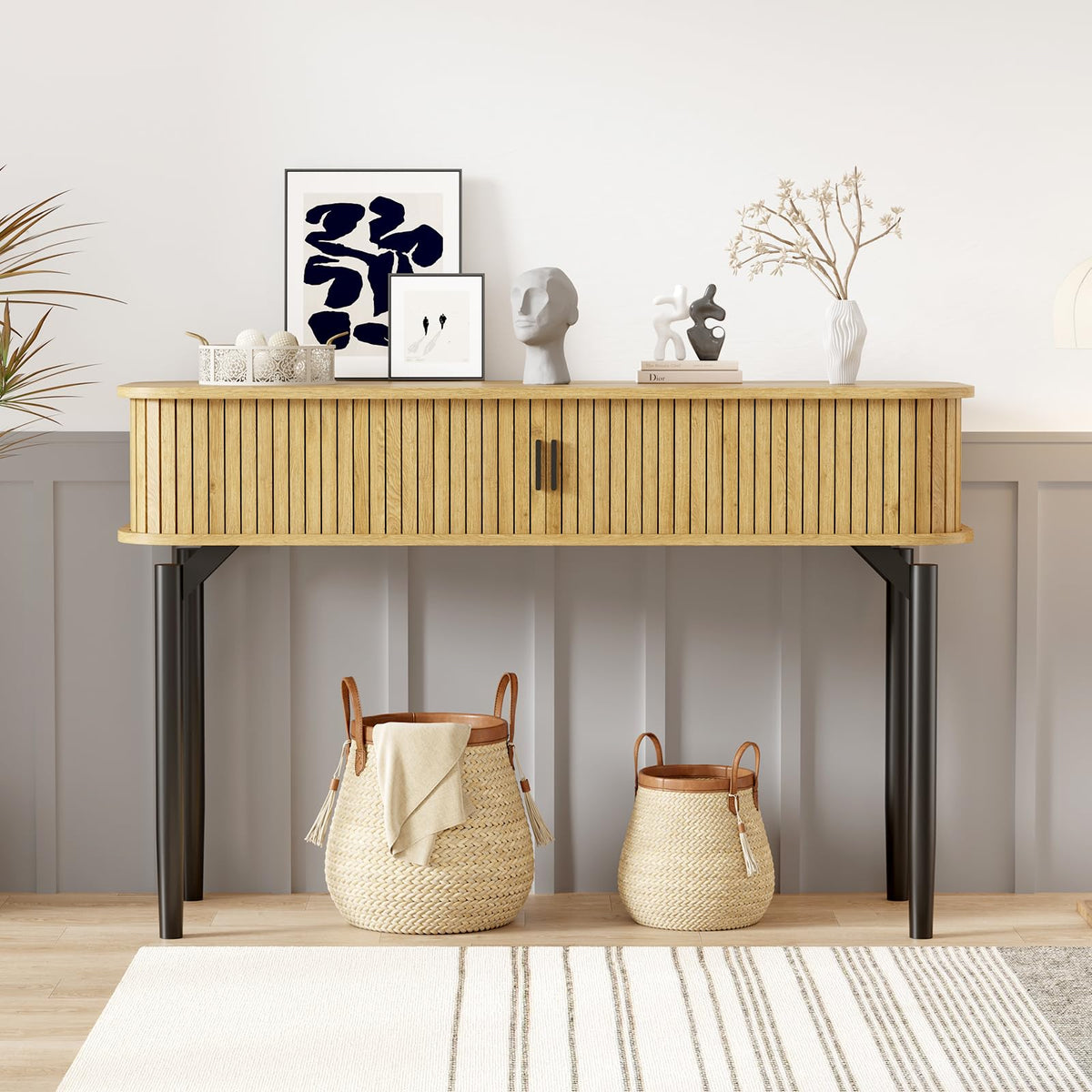 47" Fluted Narrow Console Table with 2 Drawers & Sliding Door G77454