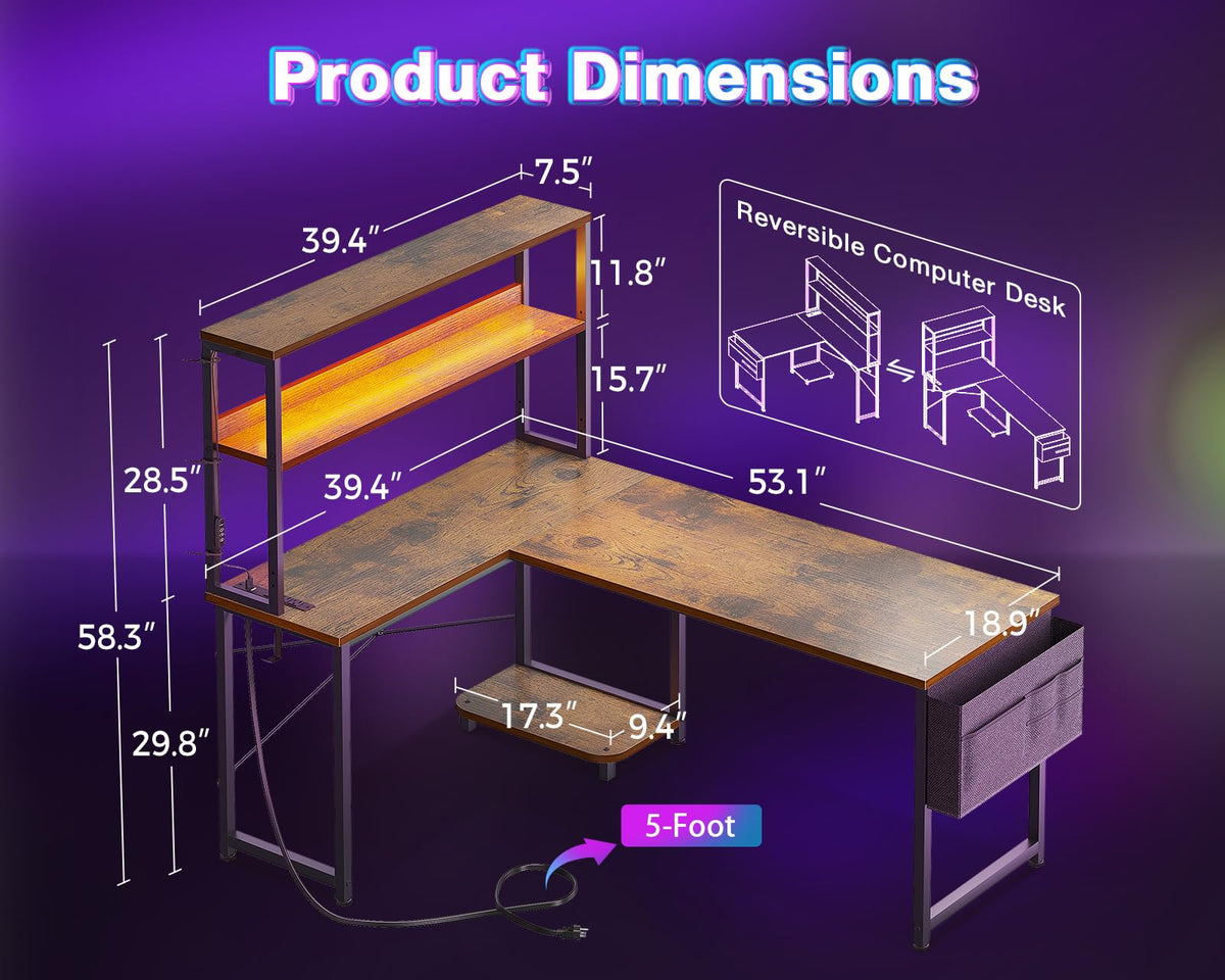 L Shaped Desk with LED Light & Power Outlet V68219
