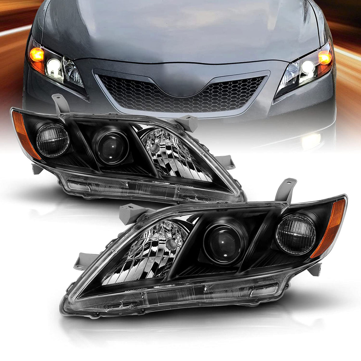 2007-2009 Toyota Camry Black Projector Headlight Assembly Pair K1533