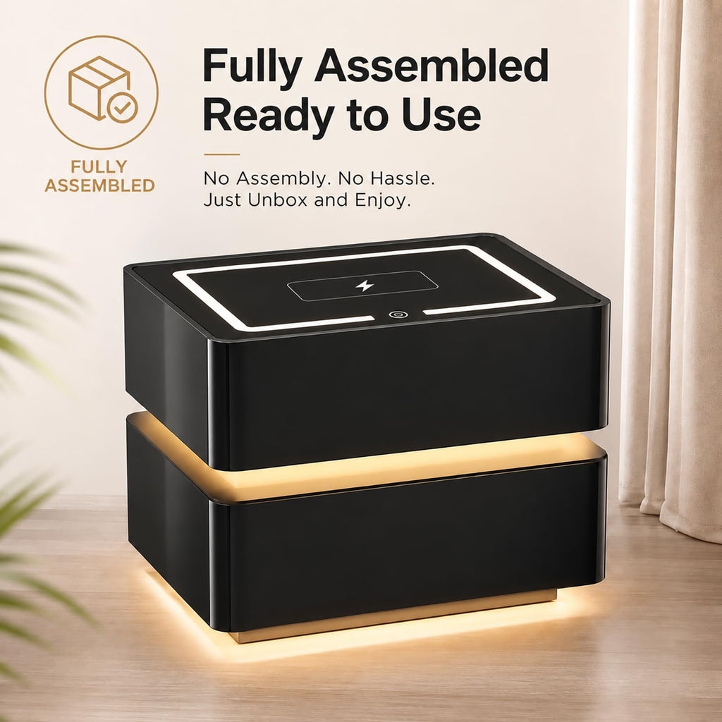 Black Solid Wood Nightstand with Wireless Charging and Drawers D399