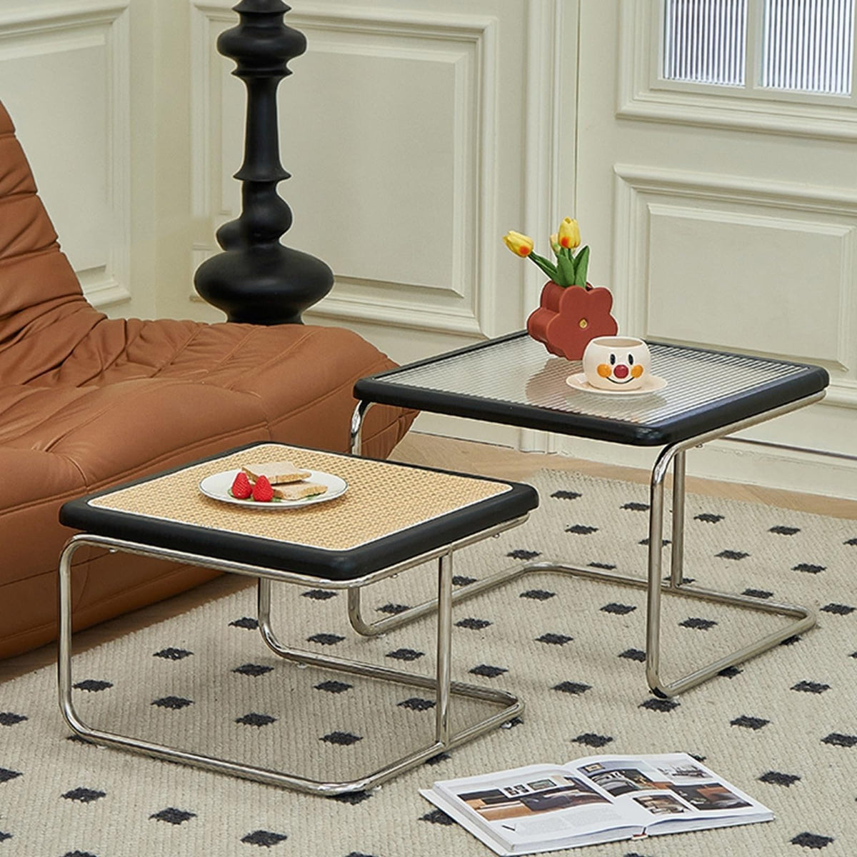 Mid Century Modern Coffee Table Set of 2 Square Metal Base C842170