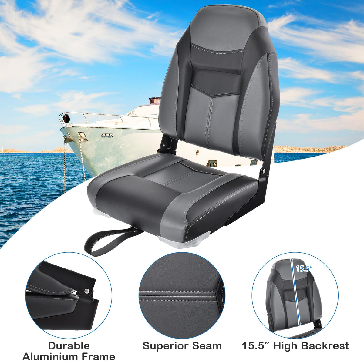 2 Pack Black Grey High Back Folding Boat Seats M23705