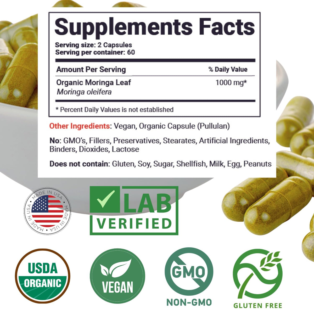 Organic Moringa Leaf Capsules 1000mg 120 Ct Y357