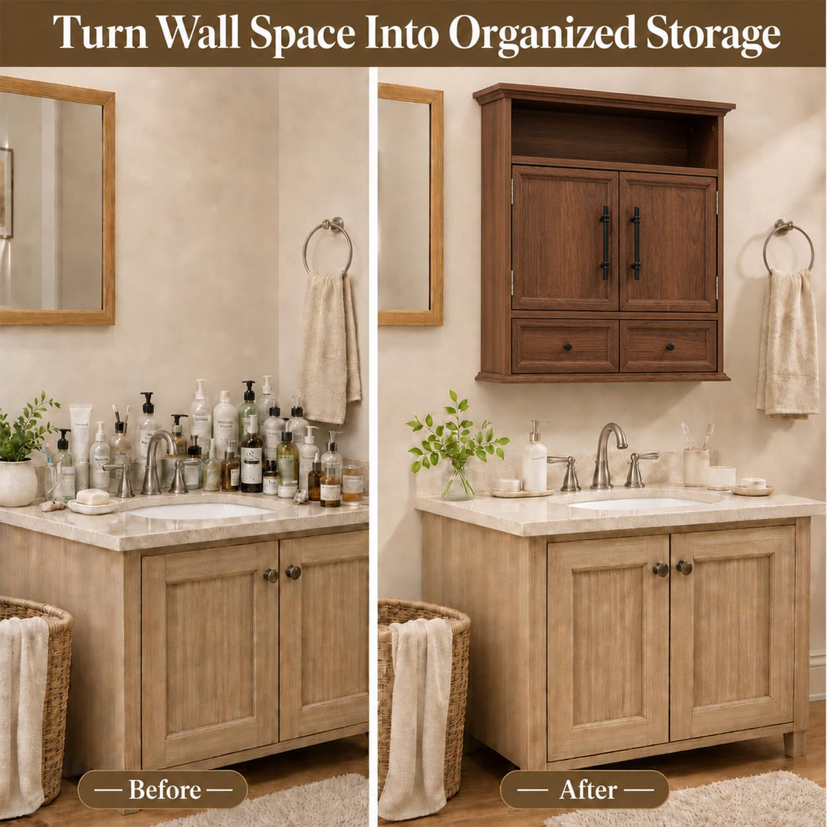 24" Wall Mounted Bathroom Storage Cabinet with Adjustable Shelf, Open Shelf, Double Doors and Drawer, Walnut X8781