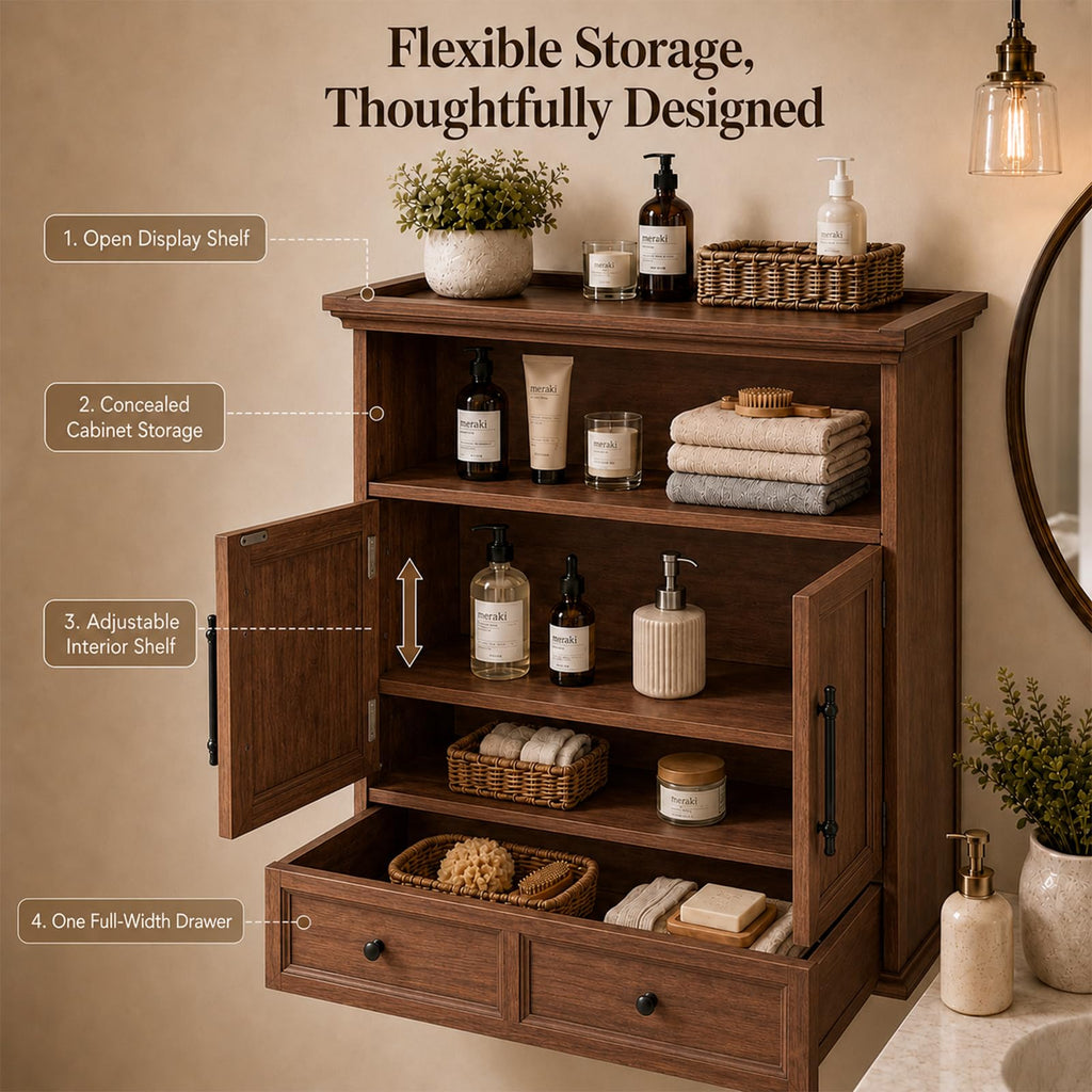 24" Wall Mounted Bathroom Storage Cabinet with Adjustable Shelf, Open Shelf, Double Doors and Drawer, Walnut X8781