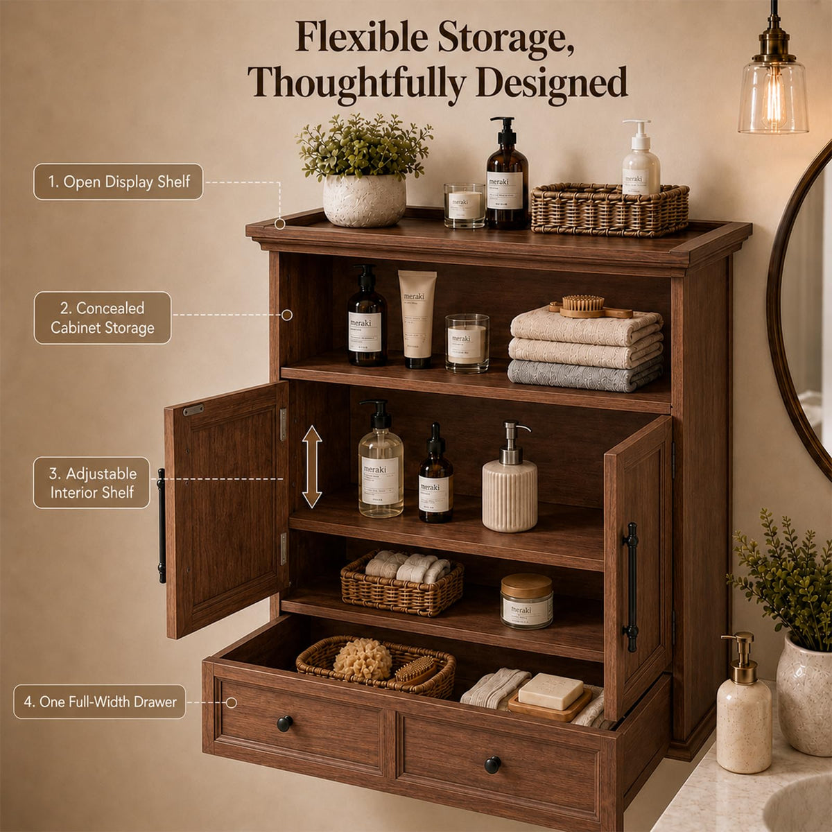 24" Wall Mounted Bathroom Storage Cabinet with Adjustable Shelf, Open Shelf, Double Doors and Drawer, Walnut X8781
