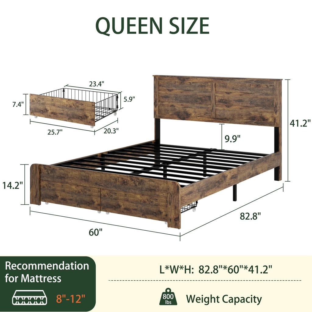 Queen Size Wooden Bed Frame with Storage Drawers G2860