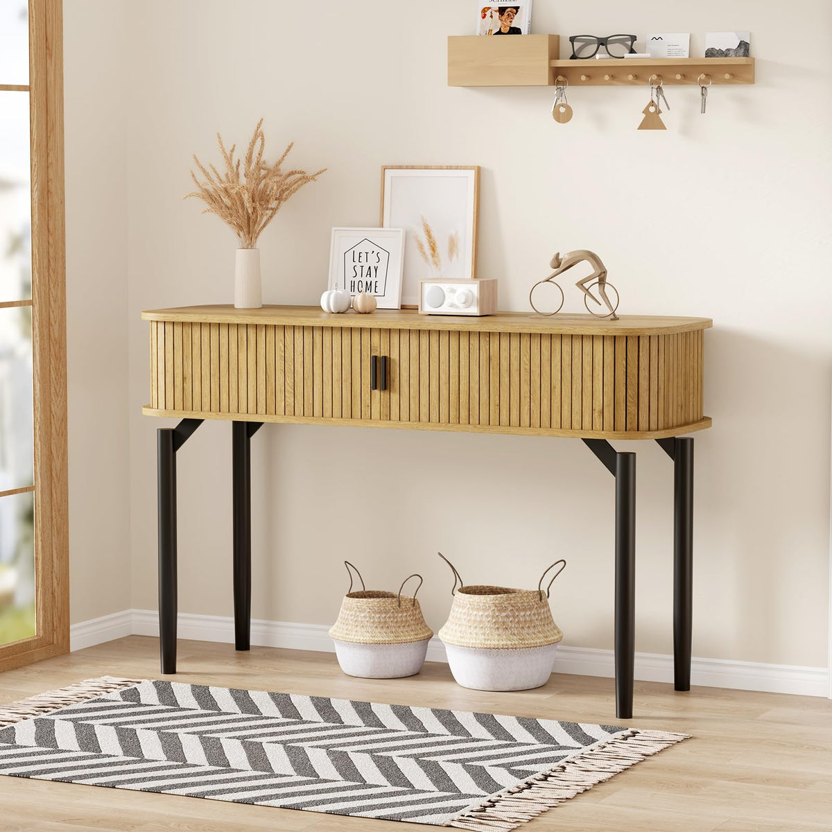 47" Fluted Narrow Console Table with 2 Drawers & Sliding Door G77454