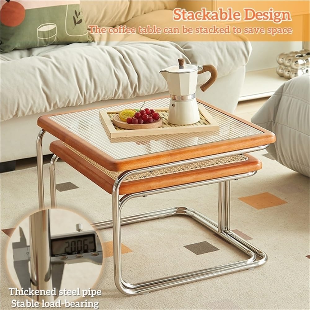 Square Nesting Coffee Table Set of 2 Wooden Rattan Glass Brown D250644