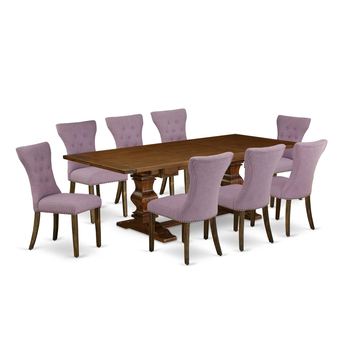 9 Piece Walnut Dining Set with 8 Upholstered Chairs V534