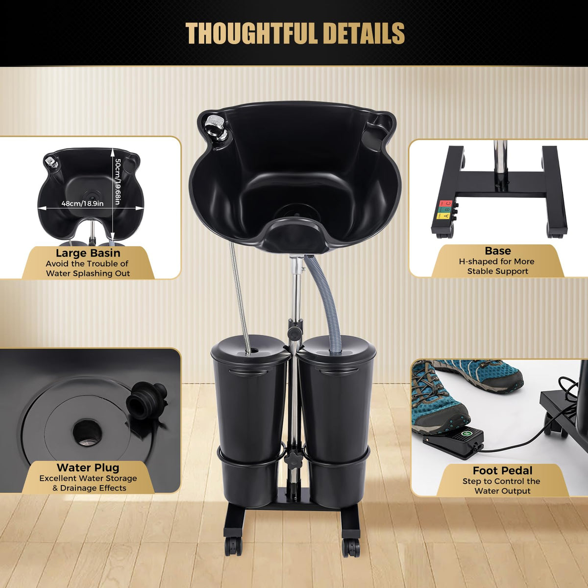 Portable Shampoo Bowl with Electric Pump, 2 Water Buckets, Height Adjustable S87662