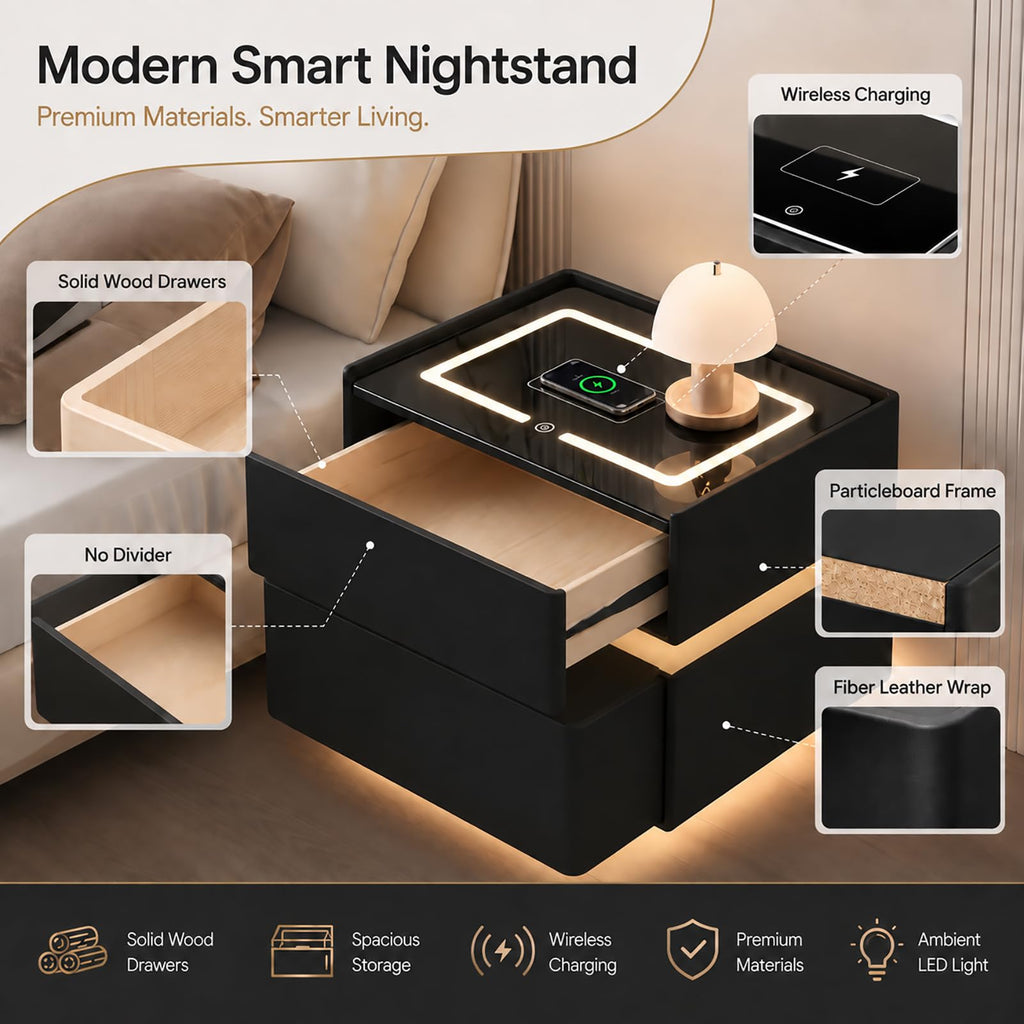 Black Solid Wood Nightstand with Wireless Charging and Drawers D399
