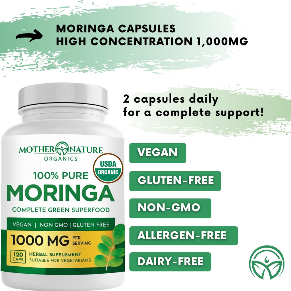 Organic Moringa Leaf Capsules 1000mg 120 Ct Y357