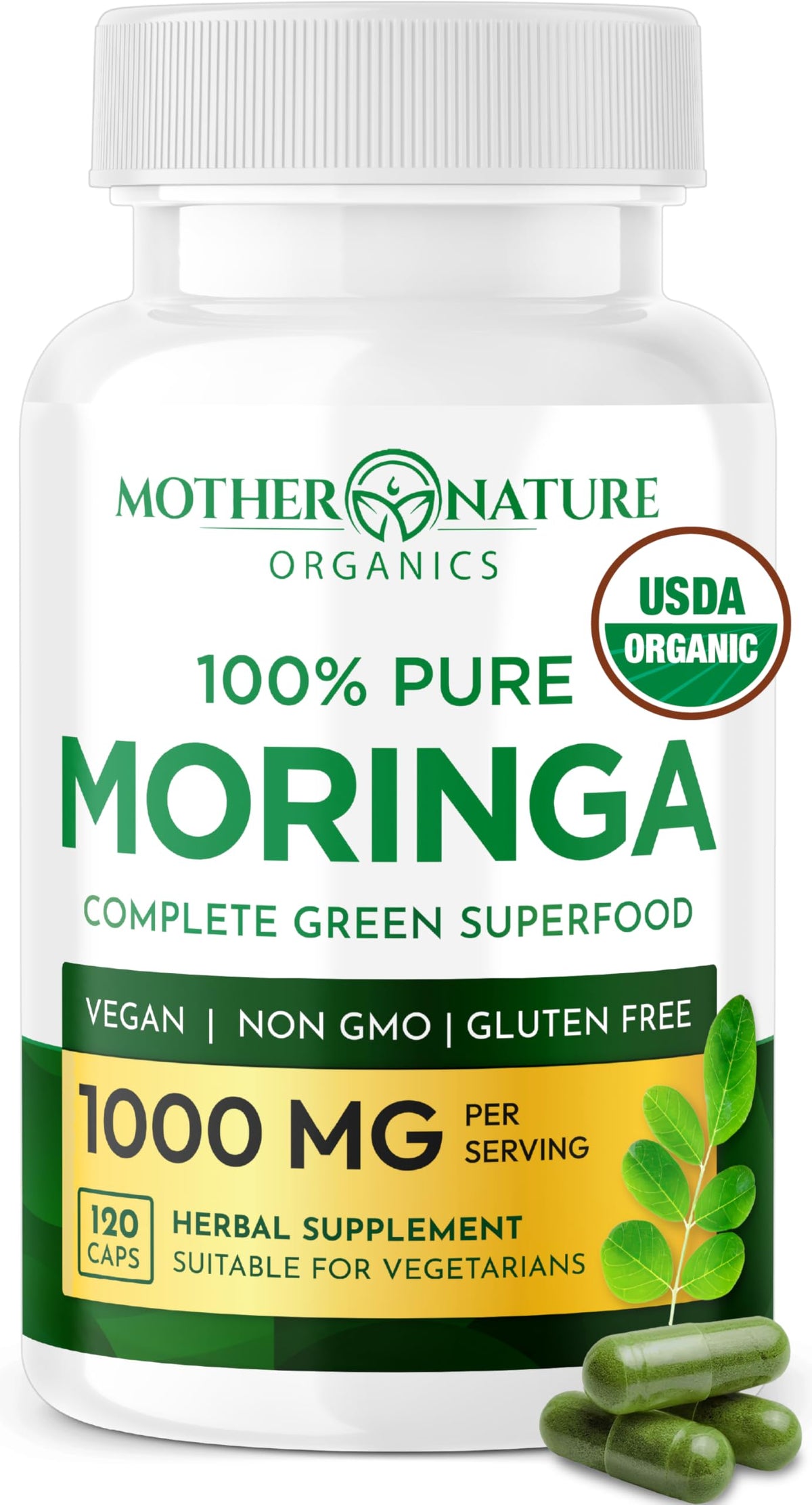 Organic Moringa Leaf Capsules 1000mg 120 Ct Y357