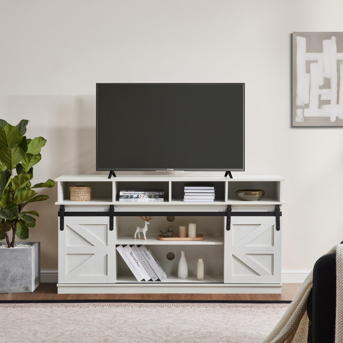 White Wood TV Stand with Adjustable Shelves N376