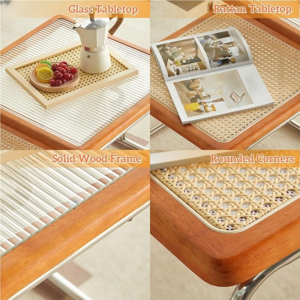Square Nesting Coffee Table Set of 2 Wooden Rattan Glass Brown D250644
