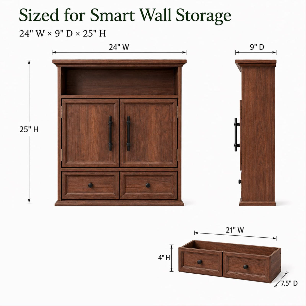 24" Wall Mounted Bathroom Storage Cabinet with Adjustable Shelf, Open Shelf, Double Doors and Drawer, Walnut X8781