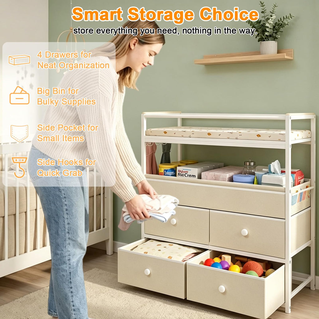 Baby Diaper Changing Table Dresser with Safety Bumper and 4 Drawer X3199