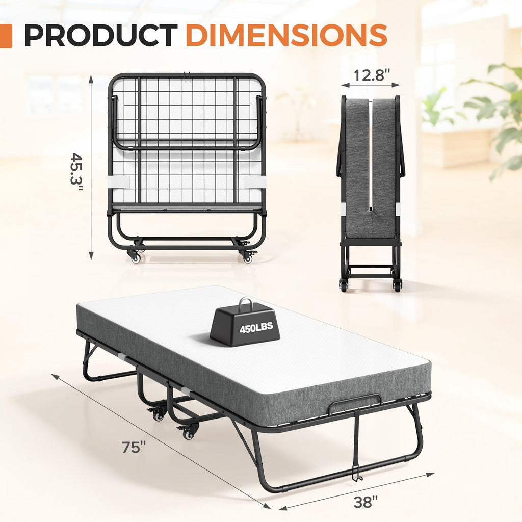 Folding Bed with Memory Foam Mattress Twin Size Metal Frame A316534