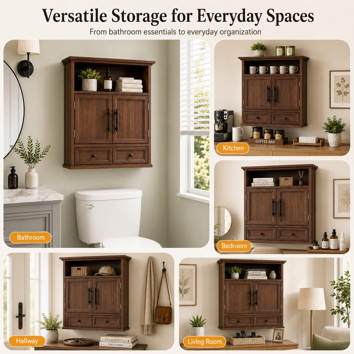 24" Wall Mounted Bathroom Storage Cabinet with Adjustable Shelf, Open Shelf, Double Doors and Drawer, Walnut X8781