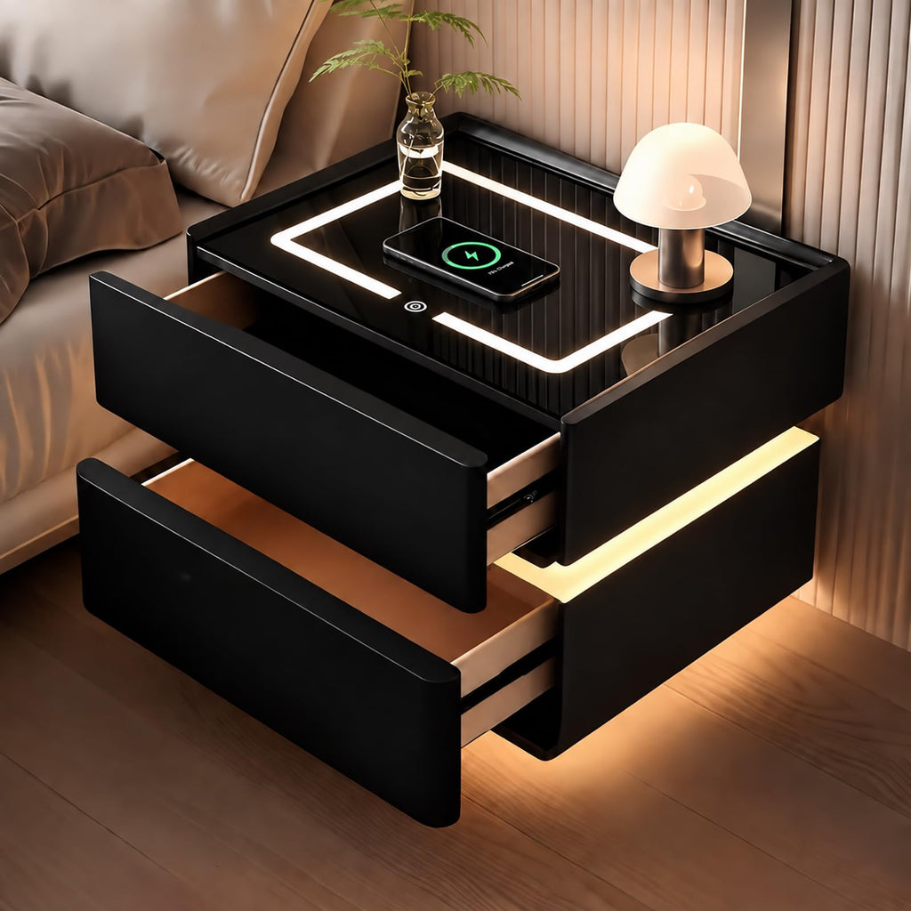 Black Solid Wood Nightstand with Wireless Charging and Drawers D399