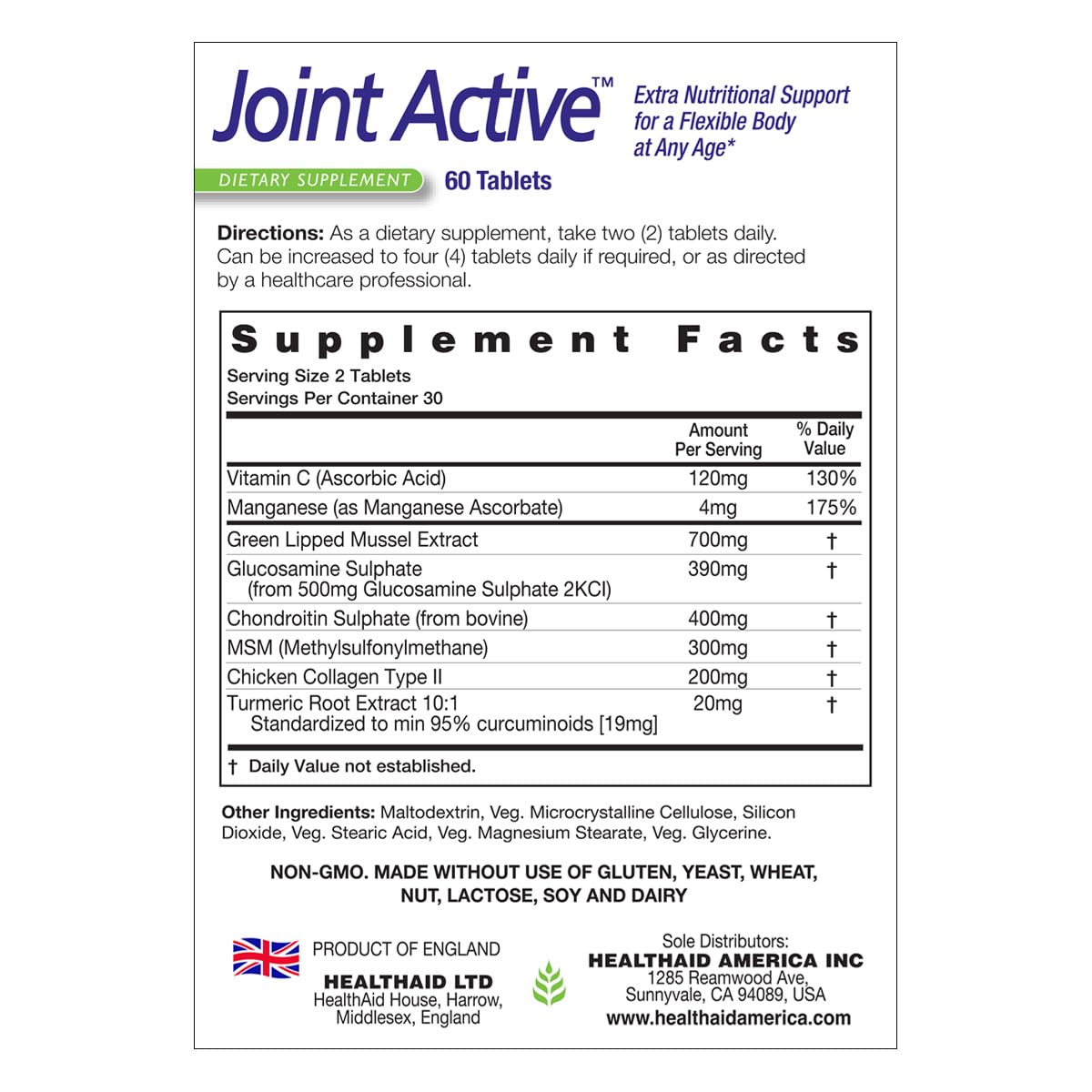 60 Tablets Joint Support with Green-Lipped Mussel Extract, Glucosamine, Chondroitin, Turmeric, MSM and Collagen U4035