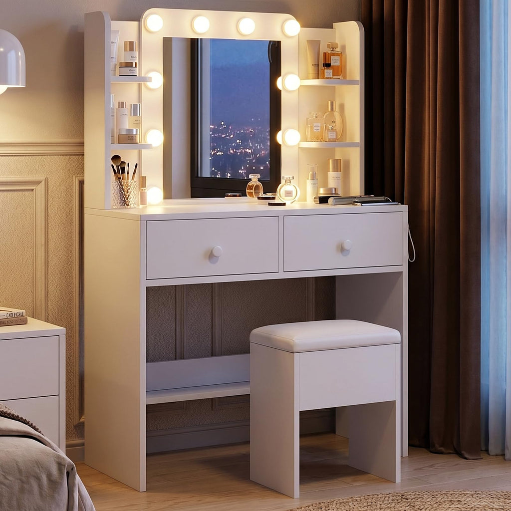 White Vanity Desk with Mirror and Chair Set P342842