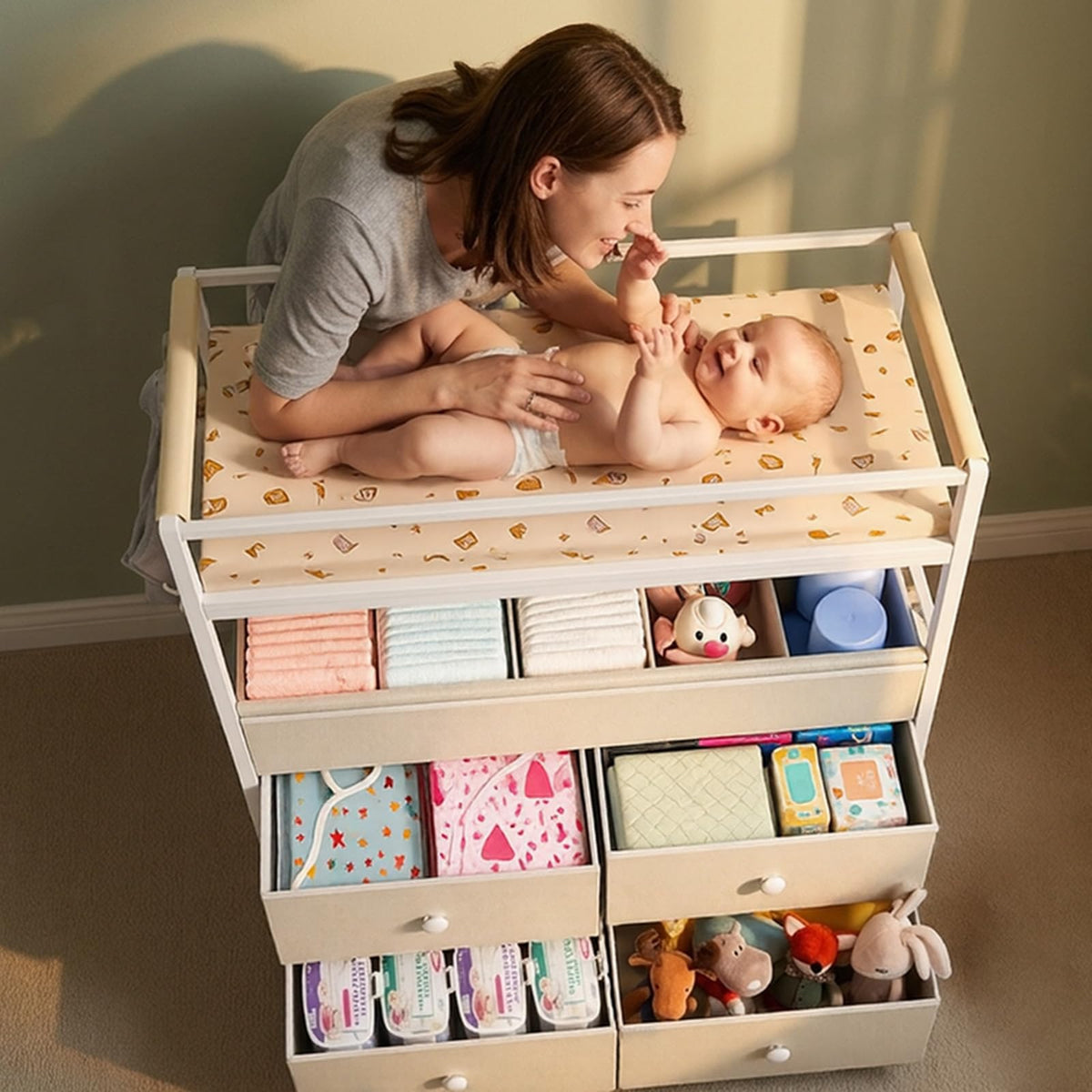 Baby Diaper Changing Table Dresser with Safety Bumper and 4 Drawer X3199