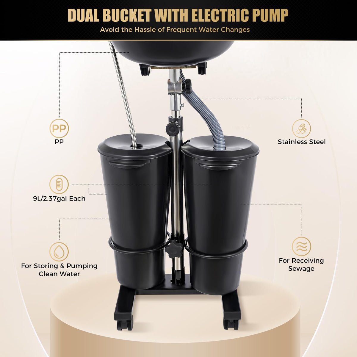 Portable Shampoo Bowl with Electric Pump, 2 Water Buckets, Height Adjustable S87662