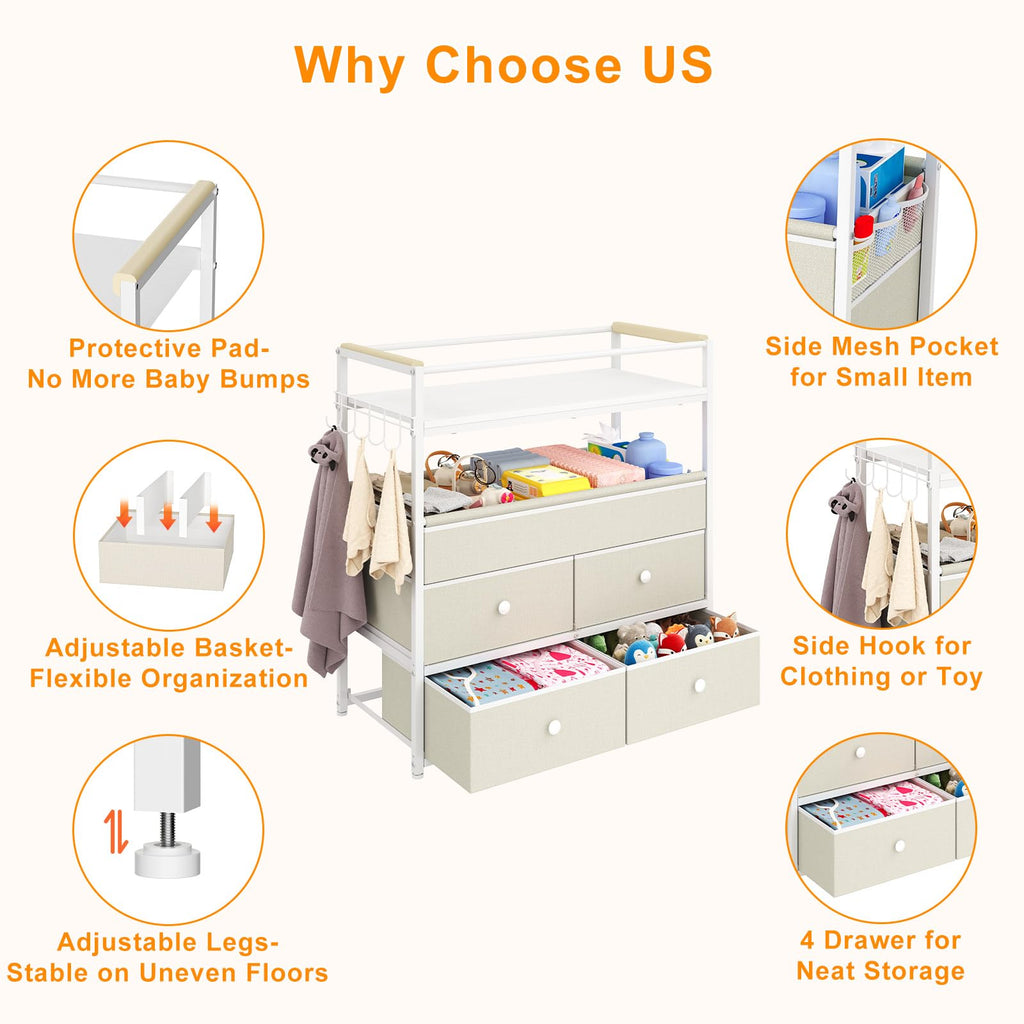 Baby Diaper Changing Table Dresser with Safety Bumper and 4 Drawer X3199