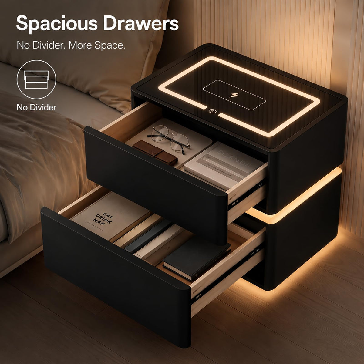 Black Solid Wood Nightstand with Wireless Charging and Drawers D399
