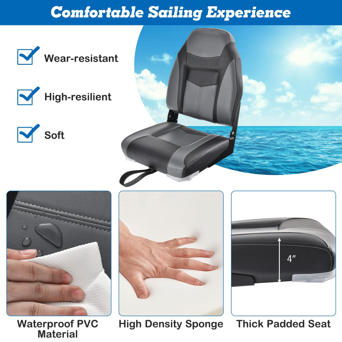 2 Pack Black Grey High Back Folding Boat Seats M23705