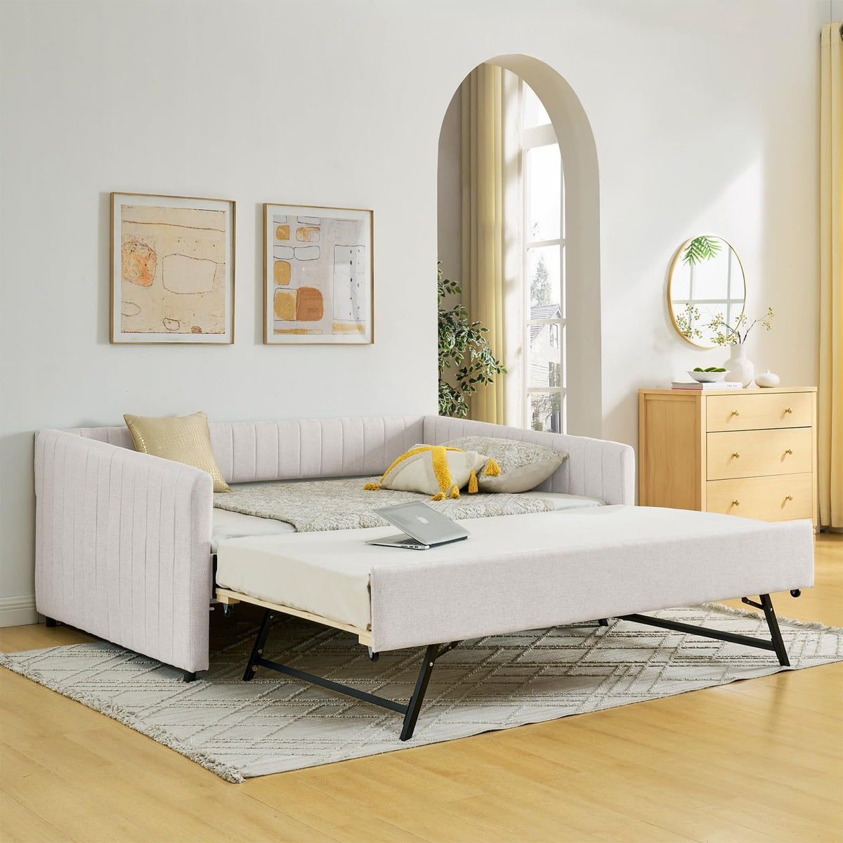 Linen Fabric Upholstered Full Size Daybed with Twin Trundle U95399